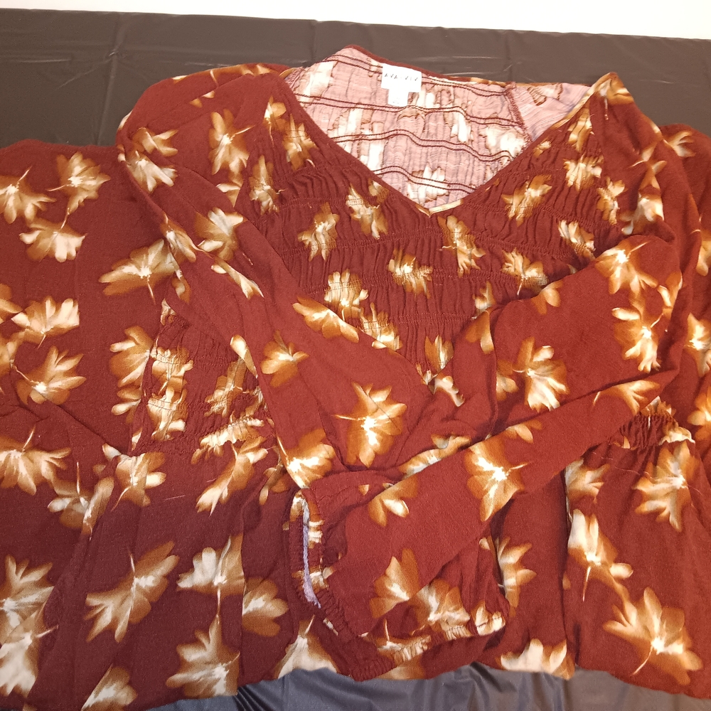 Ava & Viv Smocked Long Sleeve Dress in Brown and Red